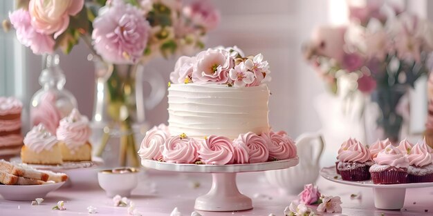 Beautifully decorated dessert table featuring flowers and a scrumptious white and pink cake Concept Dessert Table Flower Decor White and Pink Cake Beautiful Presentation