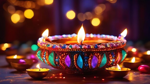 Photo beautifully decorated diwali diya intricate patterns vibrant colors festive lights