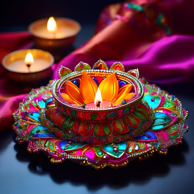 Photo beautifully decorated diya gold accents vibrant colors luxurious velvet fabric