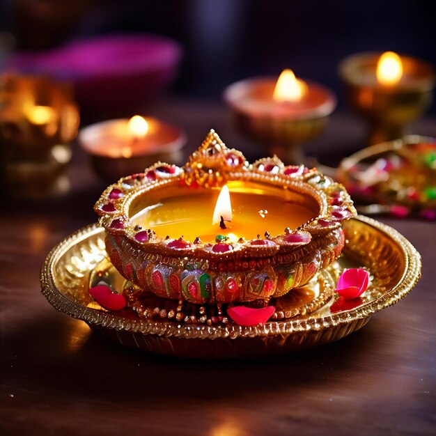 Photo beautifully decorated diya vibrant colors festive table traditional sweets snacks