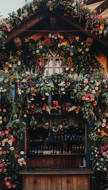 Beautifully Decorated Entrance to a Bavarian Beer Tent at Oktoberfest with Floral Arrangements and Wooden Structure