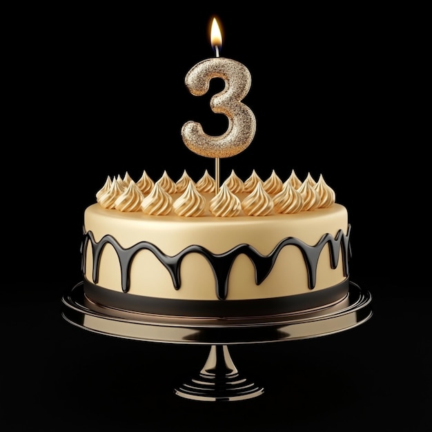 A beautifully decorated festive cake is topped with the number three placed on it