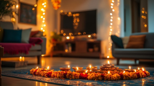 A beautifully decorated home for Diwali with glowing diyas string lights and flower garlands