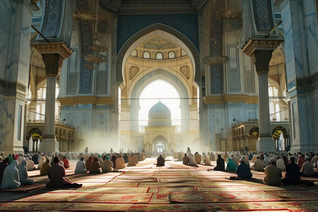 A beautifully decorated mosque with people gathering for Tarawih prayers