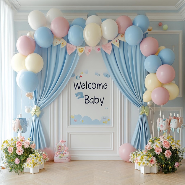 a beautifully decorated nurserythemed backdrop with a Welcome Baby banner and balloons1