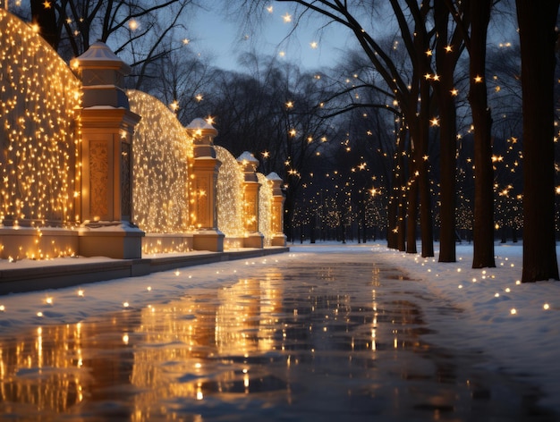 Photo a beautifully decorated pathway with glowing lights and snowcovered ground creating a magical winter atmosphere