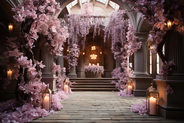 Beautifully decorated room for a wedding ceremony decorated with purple wisteria flowers candles in a classic style