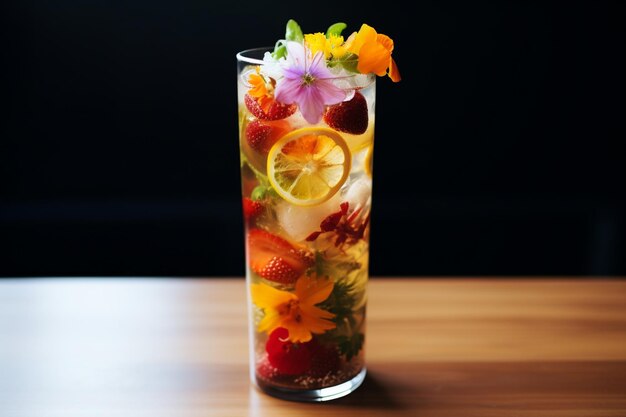 beautifully decorated strawberry mojito with edible flowers