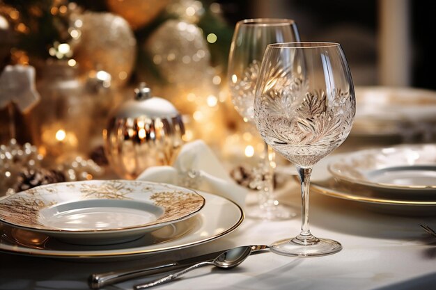 Beautifully decorated table for Christmas dinner with dishes golden decorations