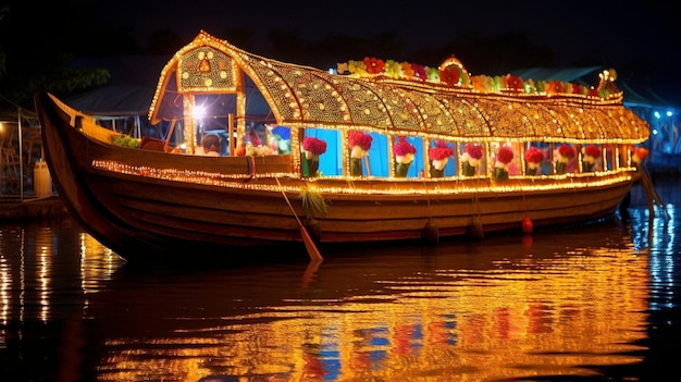 A beautifully decorated Thiruvonathoni boatshaped structure adorned with flowers and lights symb