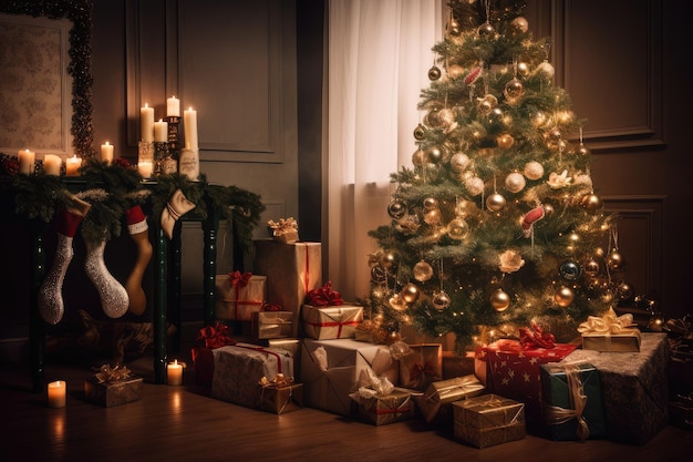 A beautifully decorated tree with twinkling lights and shiny ornaments surrounded by presents