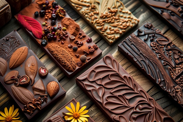 Photo beautifully designed chocolate bars with gourmet ingredients and flavors the sumptuous world of chocolate where each bite is a journey through decadent flavors and irresistible indulgence