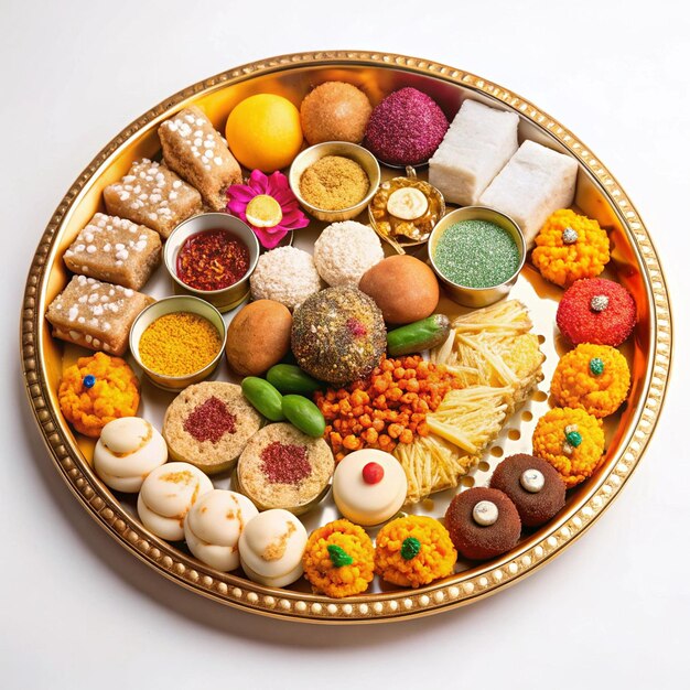 Beautifully designed Indian thali with a vibrant array of traditional sweet treats