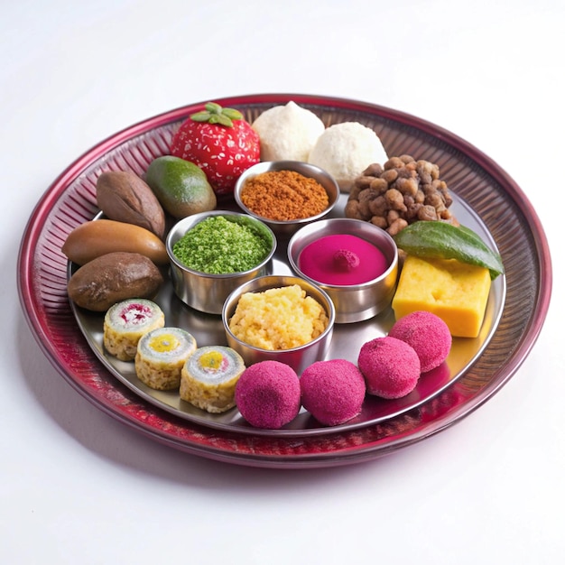 Beautifully designed Indian thali with a vibrant array of traditional sweet treats