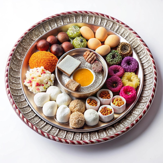 Beautifully designed Indian thali with a vibrant array of traditional sweet treats