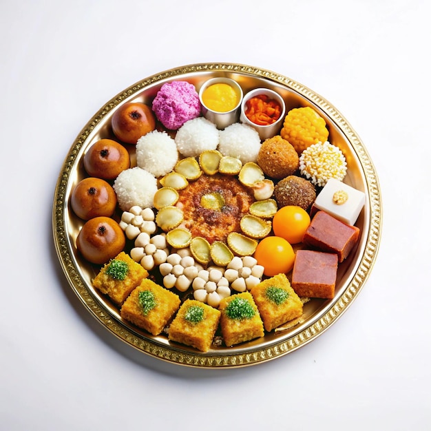 Beautifully designed Indian thali with a vibrant array of traditional sweet treats