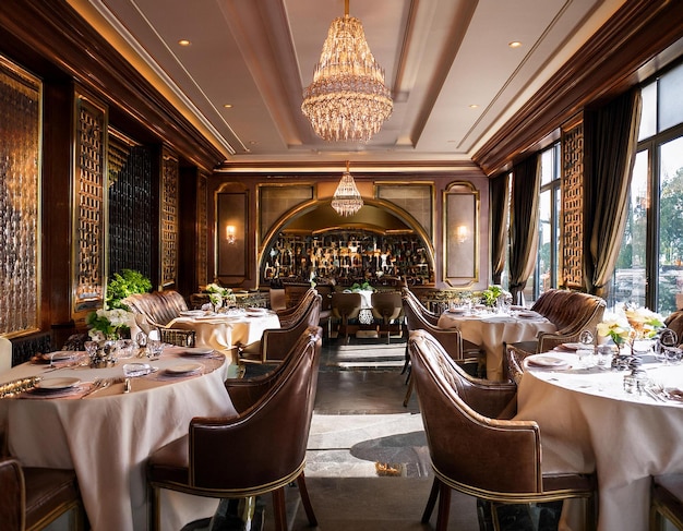 A beautifully designed restaurant interior showcasing a modern and elegant dining area The space fe