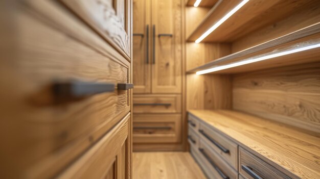 A beautifully designed wooden pantry featuring illuminated shelves and sleek cabinets for organized storage and modern kitchen aesthetics