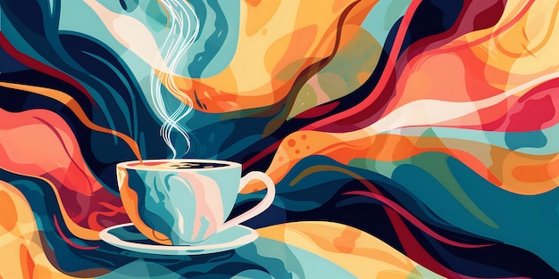 A beautifully detailed and colorful artistic illustration of a coffee cup featuring elaborate