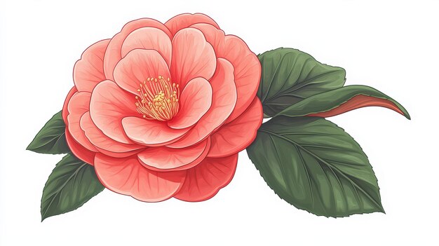 Photo a beautifully detailed illustration of a camellia flower with vibrant coral petals and lush green le