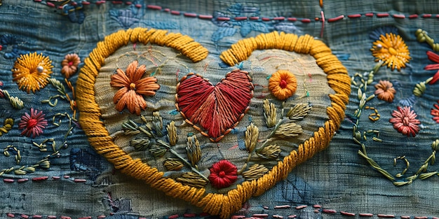 Photo beautifully embroidered vintage textile with love heart valentineas day background