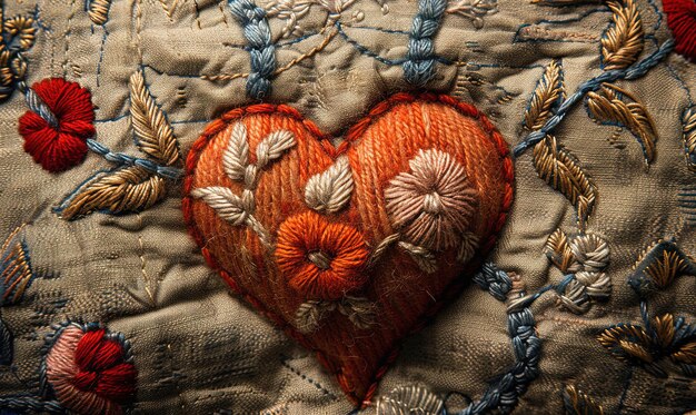 Photo beautifully embroidered vintage textile with a love heart