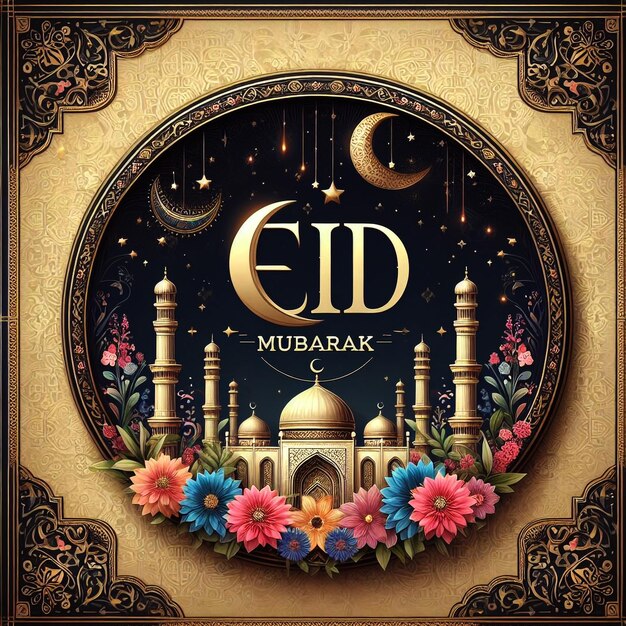 A beautifully floral elements in vibrant colors designed greeting card for the festival of Eid