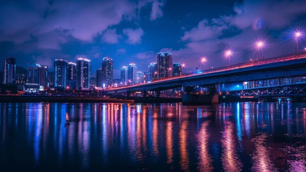 A beautifully illuminated bridge spanning a calm river at night with the city skyline reflecting on the water