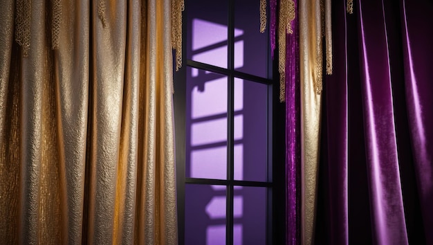 Photo a beautifully illuminated window adorned with luxurious curtains