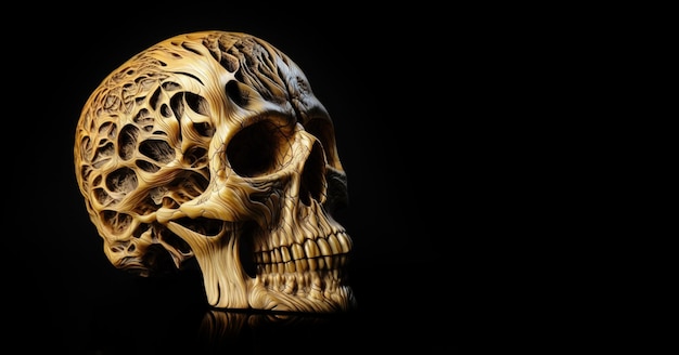 Beautifully intricated wood carving of a light pine skull Black background Generative AI