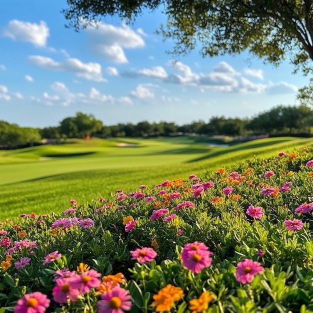 a beautifully landscaped golf course with flowering plants and wellmaintained fairways1