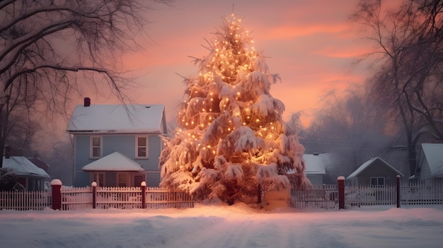 A beautifully lit Christmas tree in a snowy winter wonderland