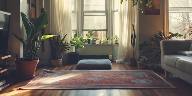 Photo beautifully lit cozy living room with houseplants and comfortable seating