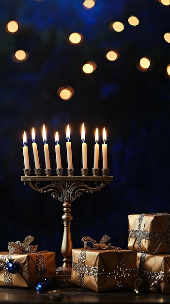 Photo a beautifully lit hanukkah menorah stands proudly among wrapped gifts creating warm and festive atmosphere soft glow of candles enhances joy of celebration