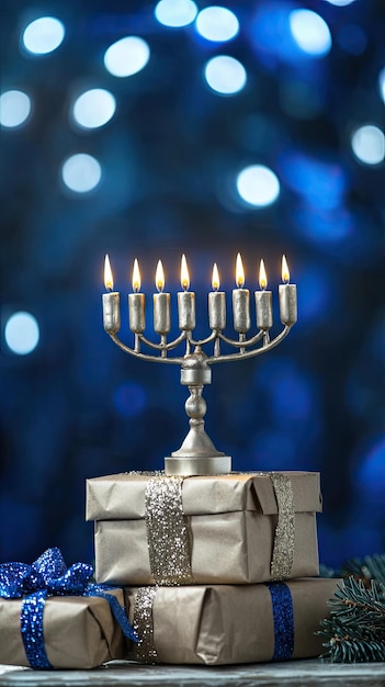 A beautifully lit Hanukkah menorah stands proudly atop wrapped gifts creating warm and festive atmosphere shimmering blue background enhances celebratory mood of season