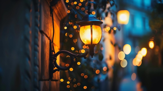 Photo a beautifully lit oldfashioned street lantern illuminating a quaint alley adorned with twinkling bokeh lights in the evening