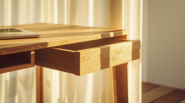 A beautifully lit wooden desk drawer partially pulled out standing in the gentle sunlight cast through flowing curtains in a calm minimalist room