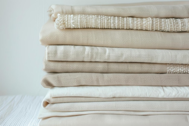 A beautifully organized stack of creamy light fabrics showcasing their fine weave and soft textures