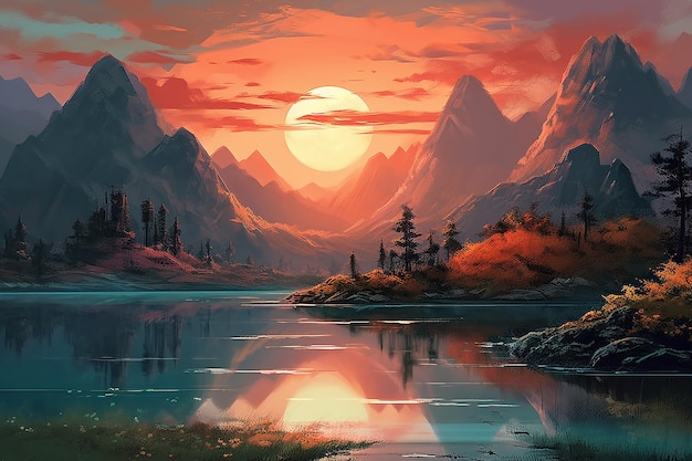 Beautifully Painted Landscape Featuring a Serene Lake