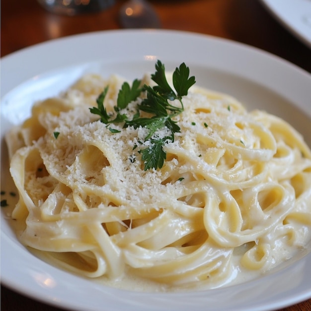 Photo a beautifully plated dish of creamy fettuccine alfredo topped with freshly grated parmesan cheese a