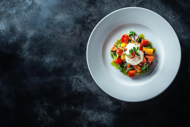 A beautifully plated salad with colorful vegetables and a dollop of cream