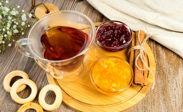 A beautifully prepared tea party Cup of tea jam in bowls and drying