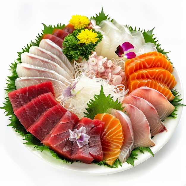 A beautifully presented platter of sashimi including slices of tuna salmon yellowtail and