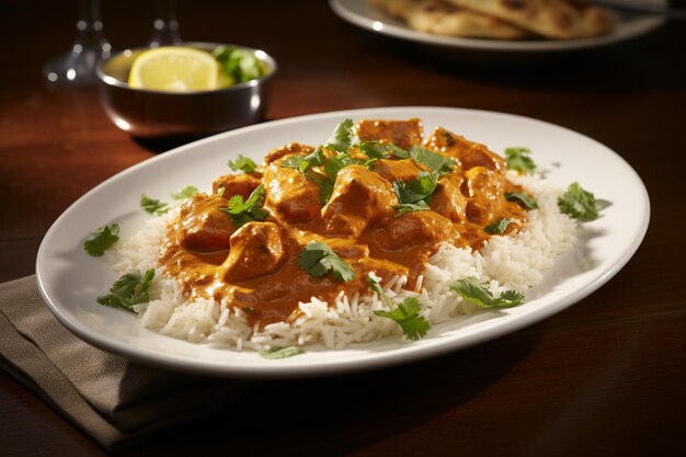 A beautifully presented tikka masala with fresh cilantro and sliced lemon