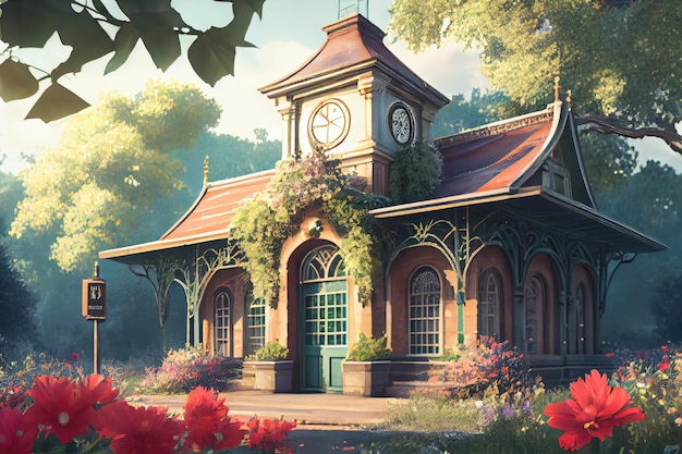 Beautifully preserved classic station surrounded by blooming flowers and greenery