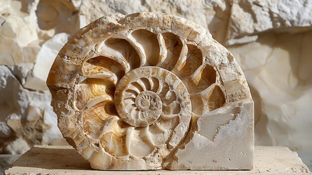 Photo beautifully preserved fossilized ammonite shell against rocky background in closeup view