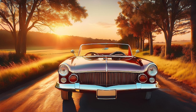 A beautifully restored vintage convertible parked on a scenic country road surrounded by tall trees