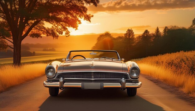 A beautifully restored vintage convertible parked on a scenic country road surrounded by tall trees