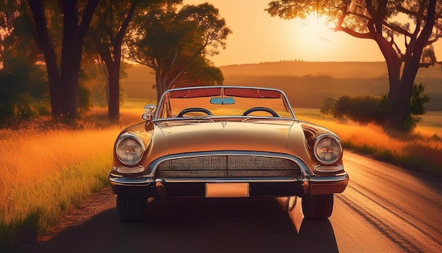 A beautifully restored vintage convertible parked on a scenic country road surrounded by tall trees