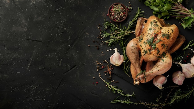 Photo a beautifully roasted whole chicken garnished with fresh herbs and spices set against a dark background ready to be served for a delicious meal